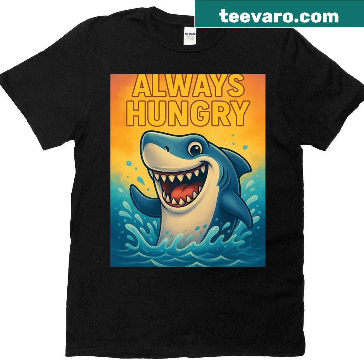 Cartoon graphic t-shirt featuring a hungry shark — on a men's t-shirt