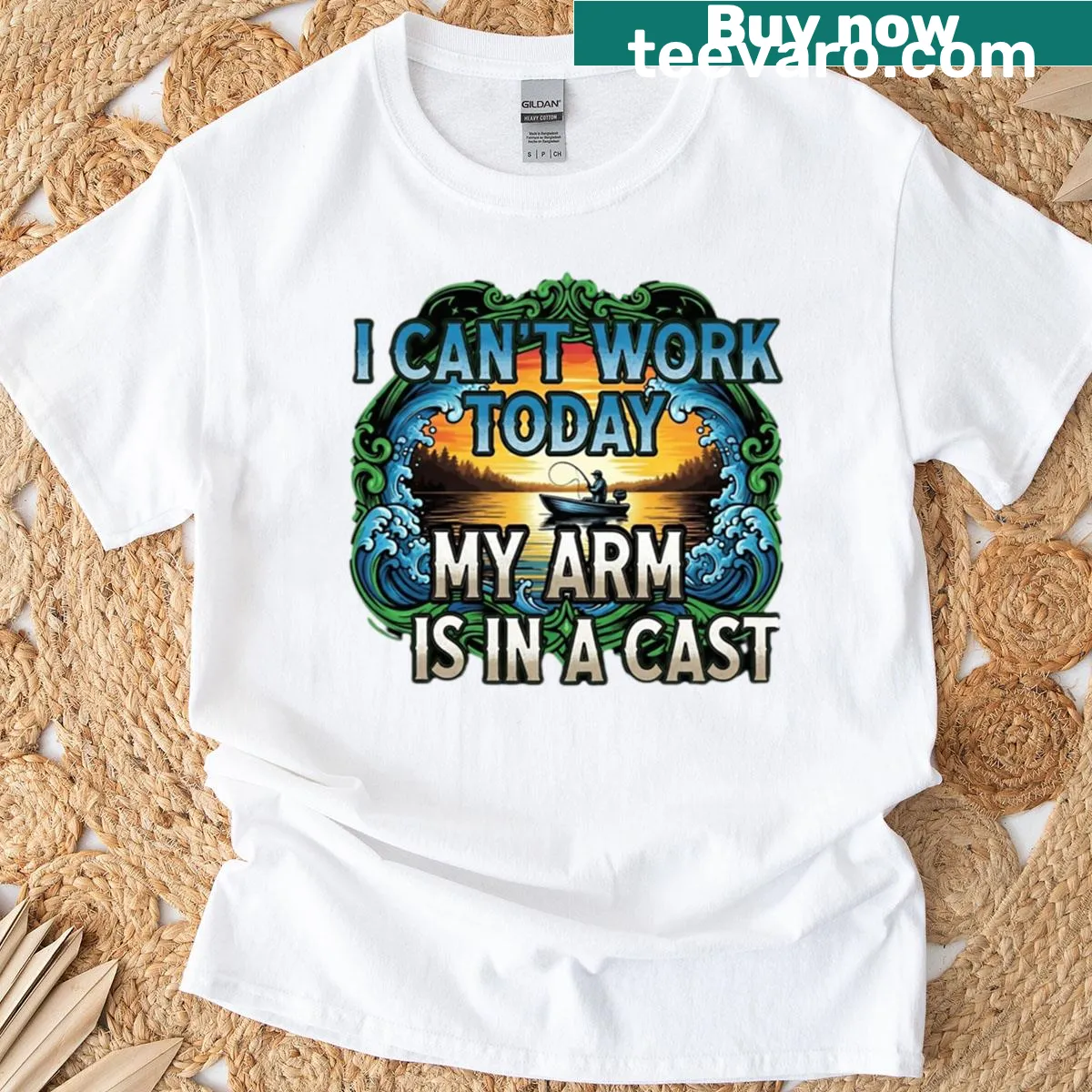 Humorous fishing T-shirt showing a casted arm design — on a men's t-shirt