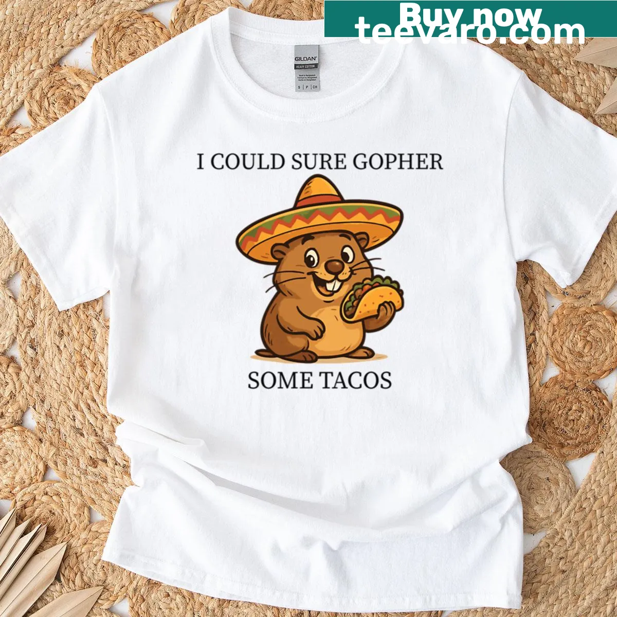 Funny taco-themed graphic with 'I Could Sure Gopher Some Tacos' text — on a men's t-shirt