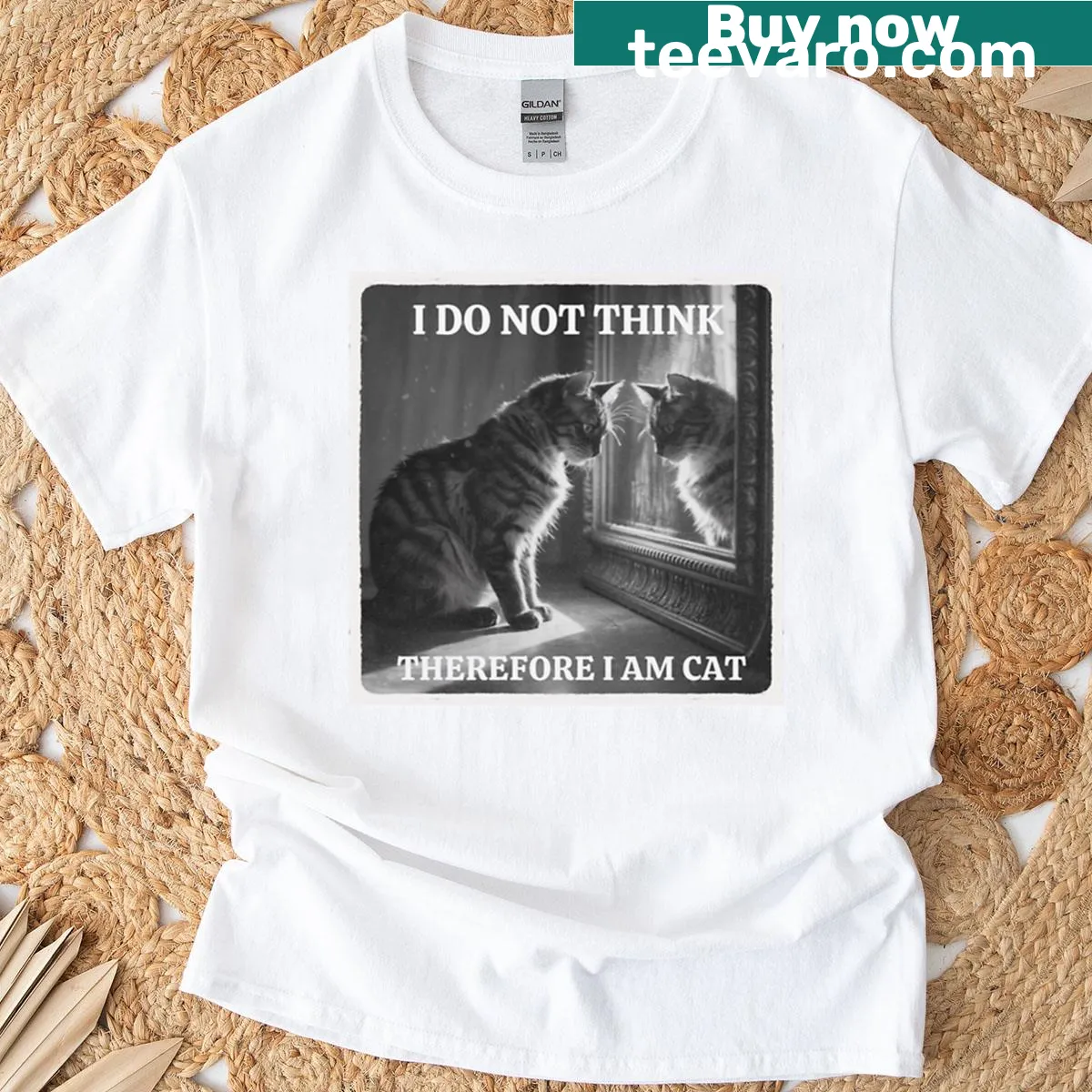 Oversized t-shirt with the phrase 'I Do Not Think Therefore I Am Cat' — on a men's t-shirt