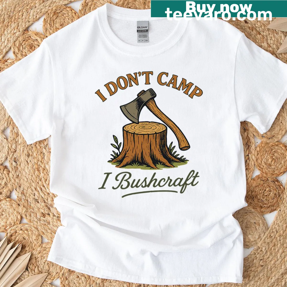 T-shirt featuring text about bushcraft and survival skills — on a men's t-shirt