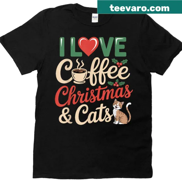 Funny Christmas T-shirt with coffee cups and cats illustration