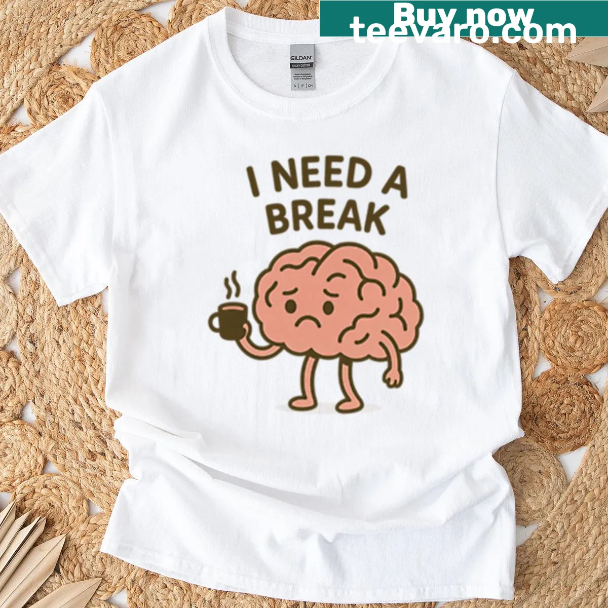 Illustrated T-shirt with a tired brain and coffee design — on a men's t-shirt