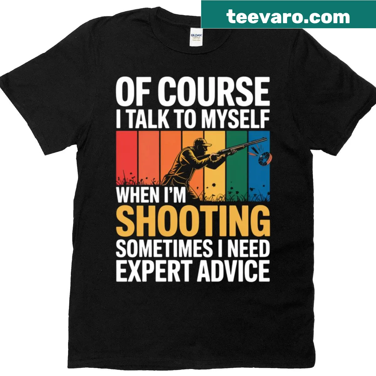 T-shirt featuring humorous text about talking to oneself while shooting — on a men's t-shirt