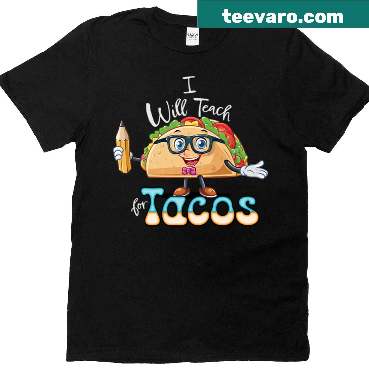 Playful 'I Will Teach For Tacos' teacher t-shirt — on a men's t-shirt