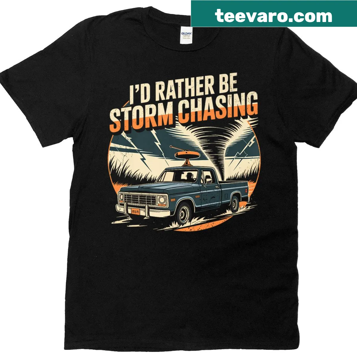 T-shirt with bold text about preferring storm chasing — on a men's t-shirt