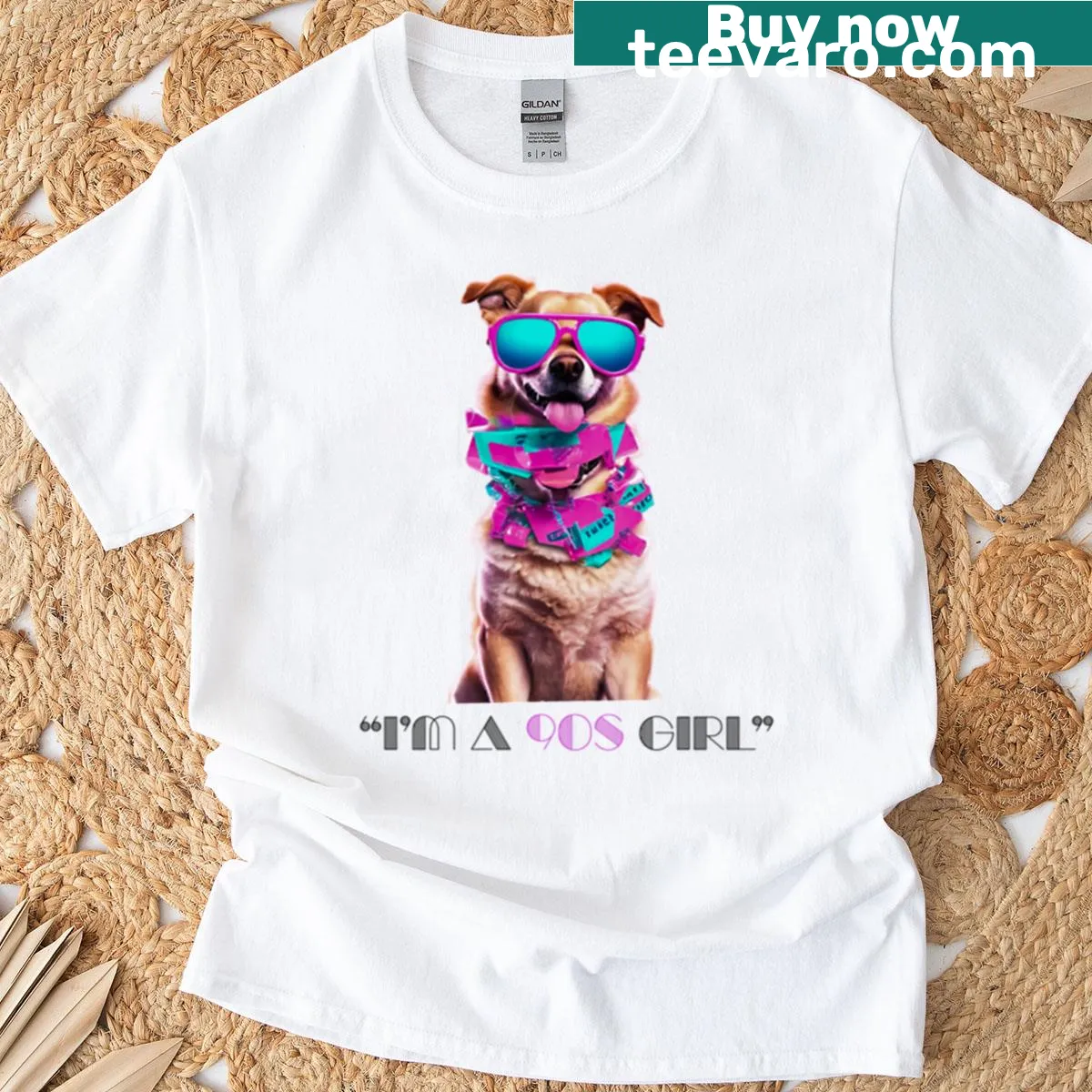 Retro shirt with the phrase I'm A 90s Girl and a dog in sunglasses — on a men's t-shirt