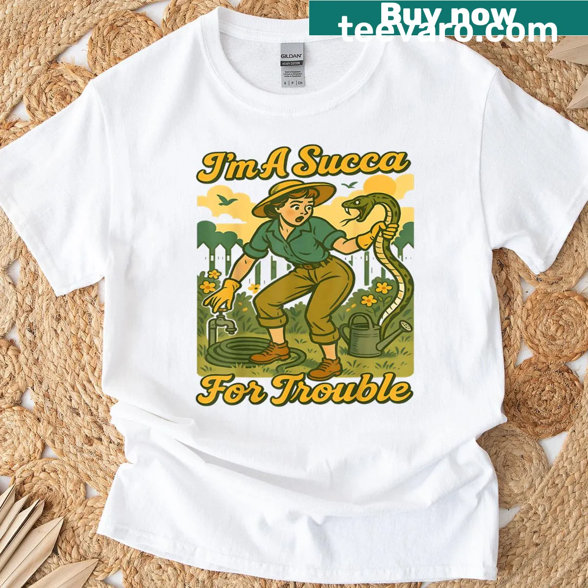 Retro t-shirt with the quote 'I'm A Succa For Trouble' and succulent graphics — on a men's t-shirt