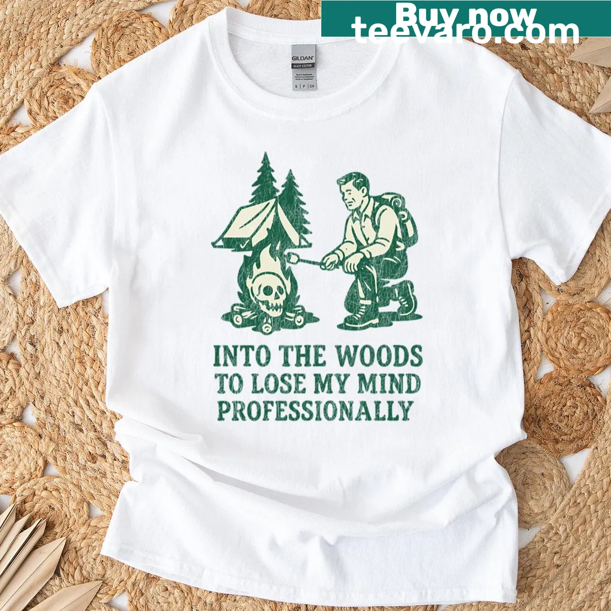 T-shirt with 'Into The Woods To Lose My Mind' camping art — on a men's t-shirt