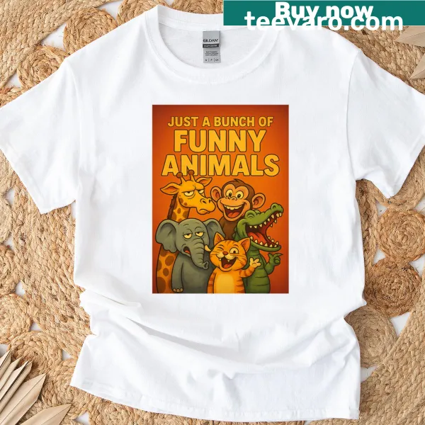 T-shirt featuring a collection of funny cartoon animals