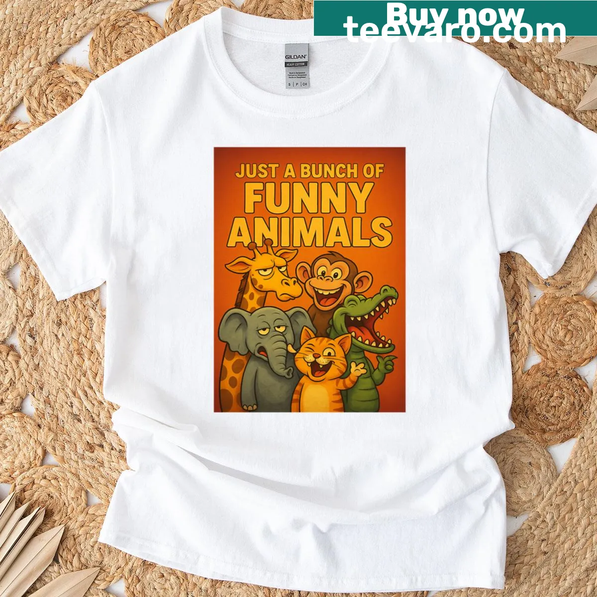 T-shirt featuring a collection of funny cartoon animals — on a men's t-shirt