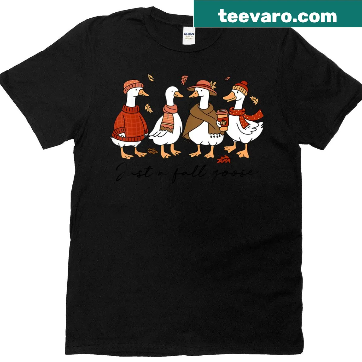 Cartoon goose graphic celebrating fall and Thanksgiving on a T-shirt — on a men's t-shirt