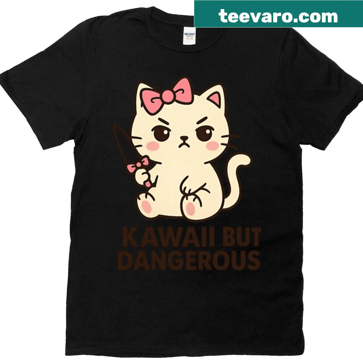 Cartoon of a cute cat with a knife on a pink background — on a men's t-shirt