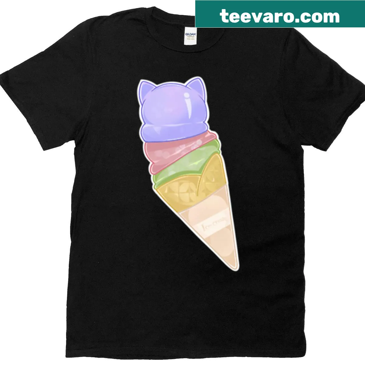 Kawaii cat with an ice cream cone graphic on oversized t-shirt — on a men's t-shirt