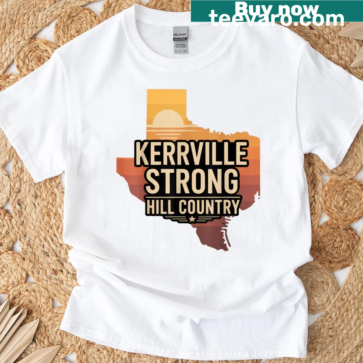 Texas Hill Country sunset graphic representing Kerrville pride — on a men's t-shirt