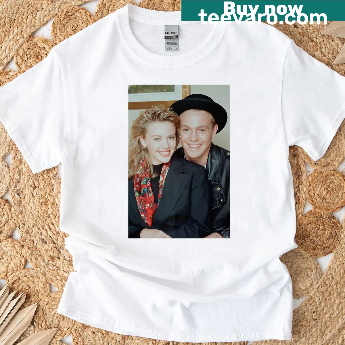 T-shirt featuring nostalgic design of Kylie Minogue and Jason Donovan — on a men's t-shirt