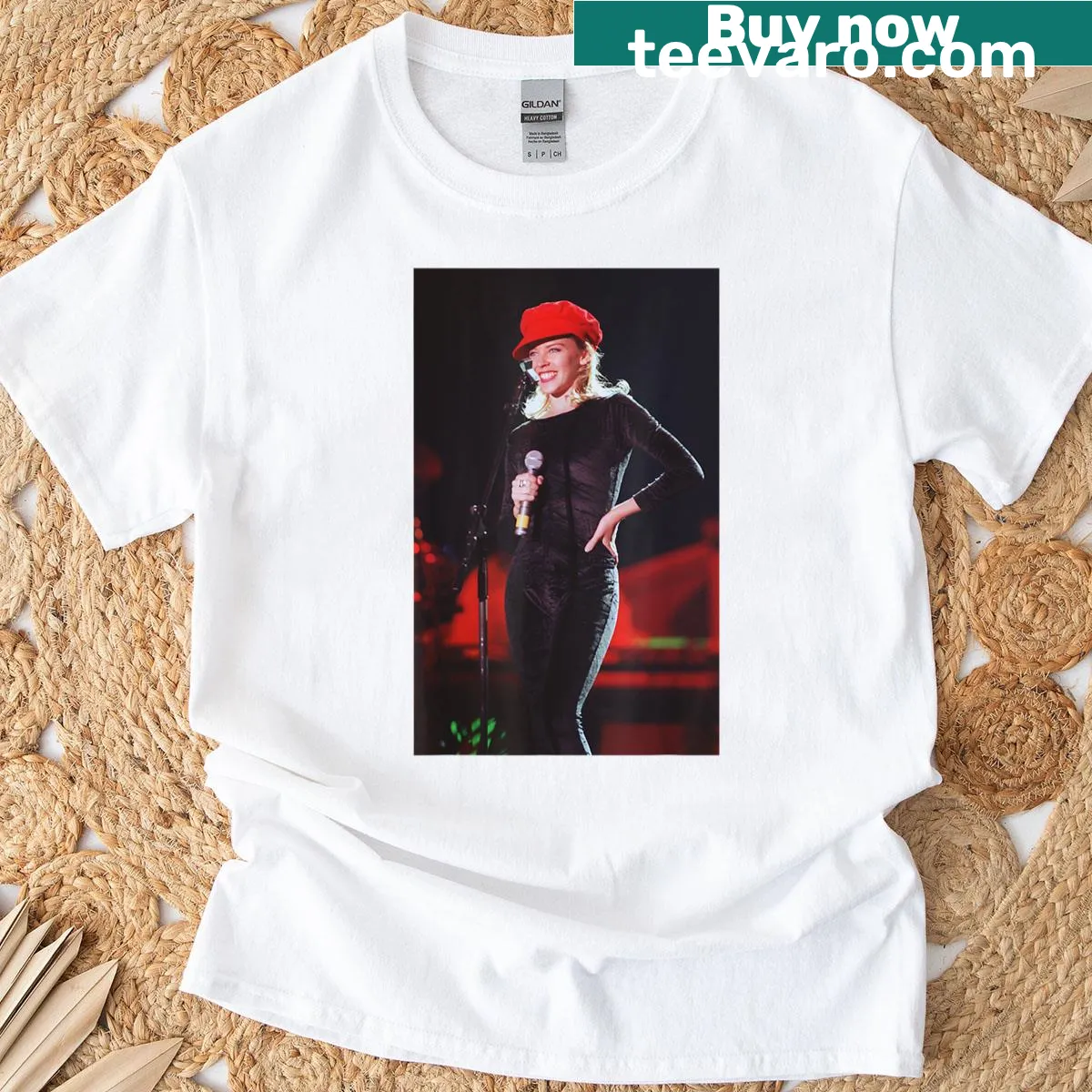 Kylie Minogue 1990 tour T-shirt with concert-themed illustration — on a men's t-shirt
