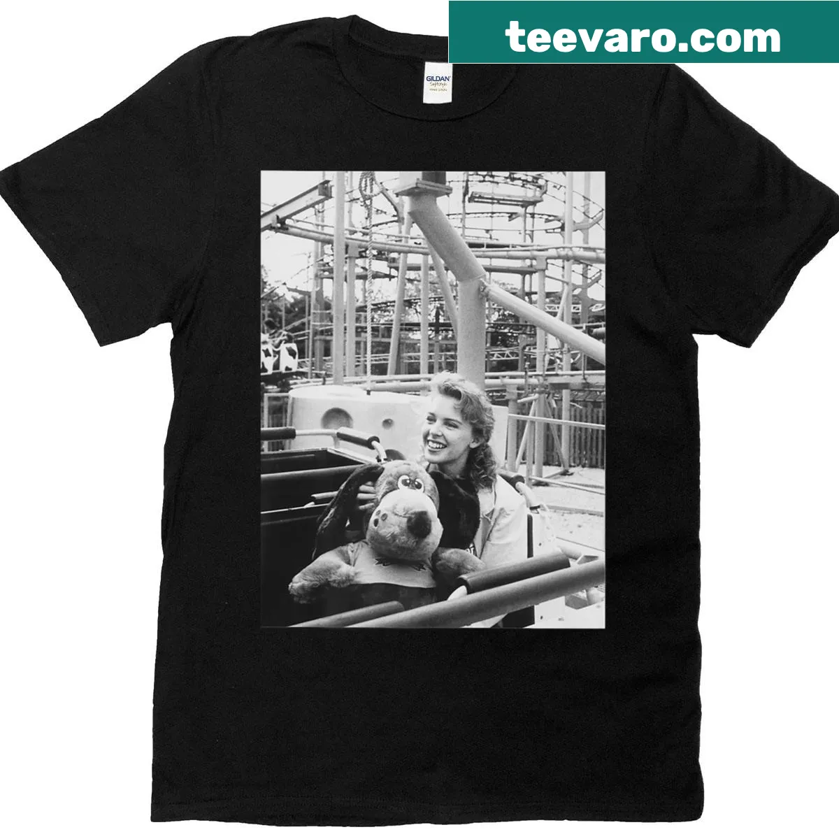 Vintage-themed t-shirt featuring Kylie Minogue at a theme park — on a men's t-shirt