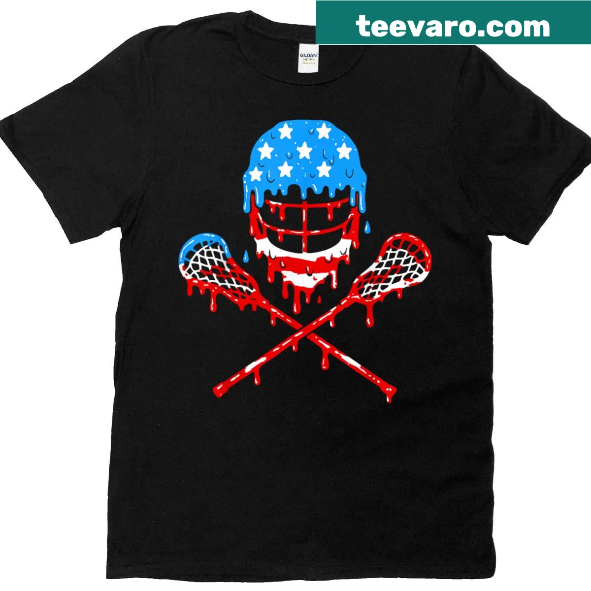 Lacrosse T-shirt featuring ice cream helmet and American flag — on a men's t-shirt