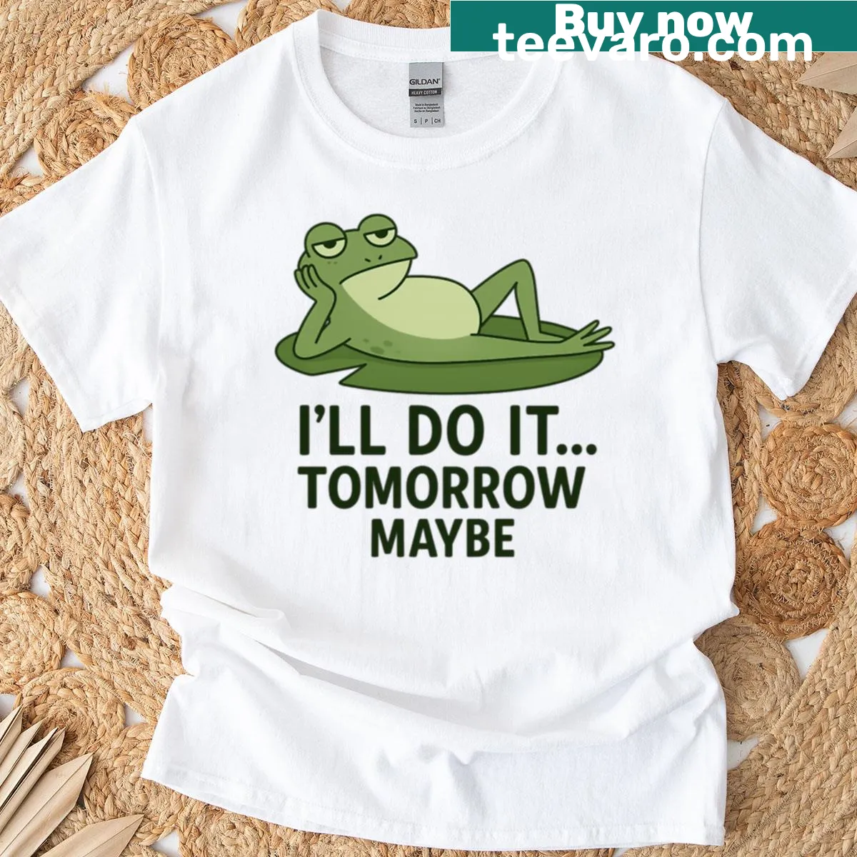Funny cartoon frog with a procrastination quote — on a men's t-shirt