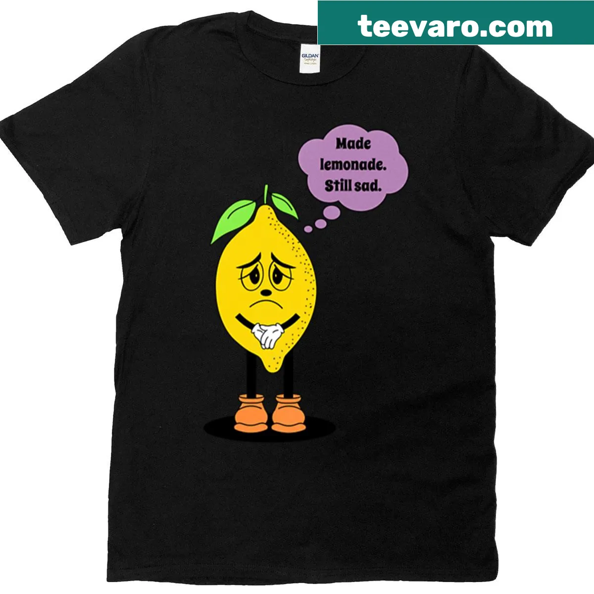 Sad retro lemon mascot named Lemonade Larry — on a men's t-shirt