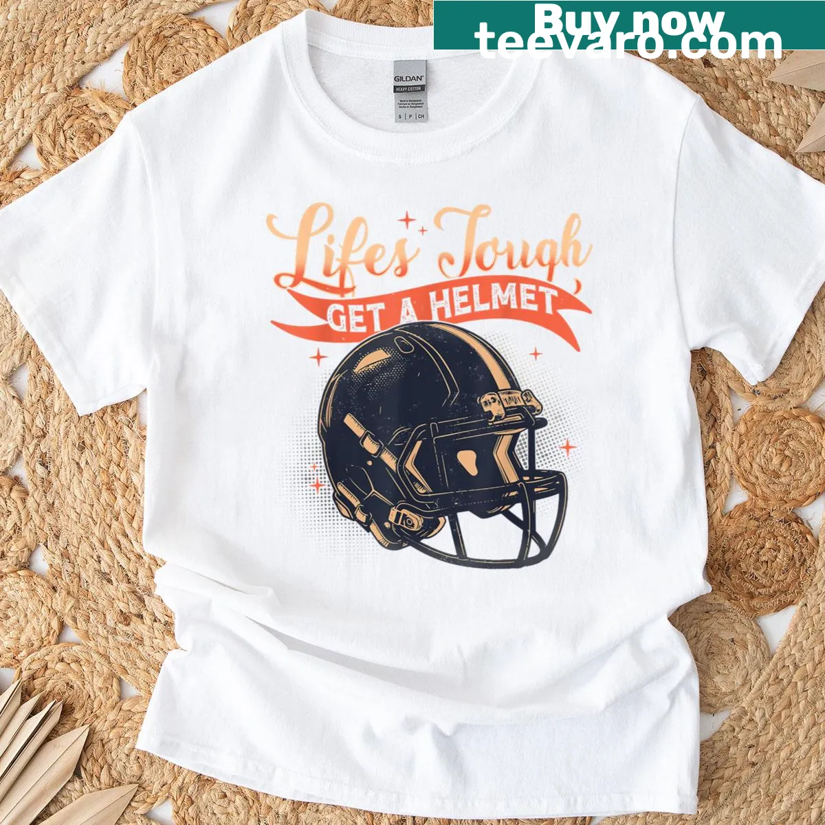 Funny T-shirt with 'Lifes Tough Get A Helmet' text — on a men's t-shirt