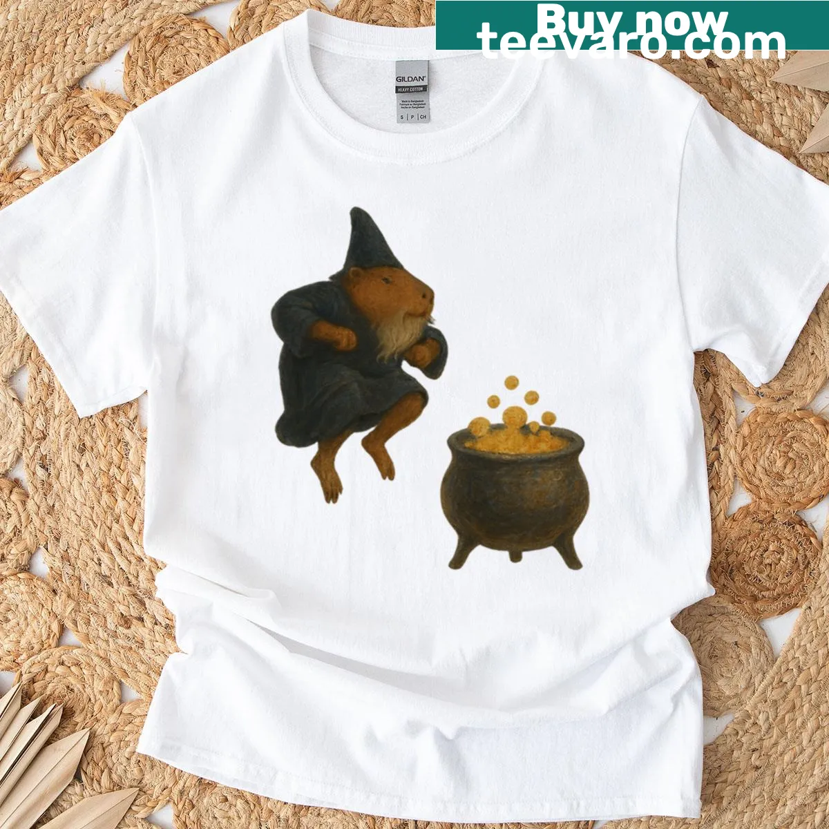 Cute graphic of a dancing capybara magician next to a caldera on a T-shirt — on a men's t-shirt