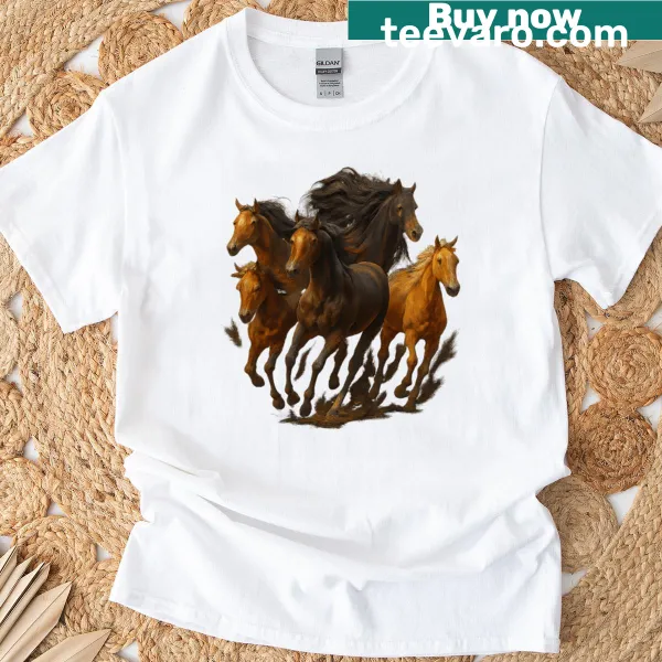 T-shirt featuring an artistic depiction of galloping horses
