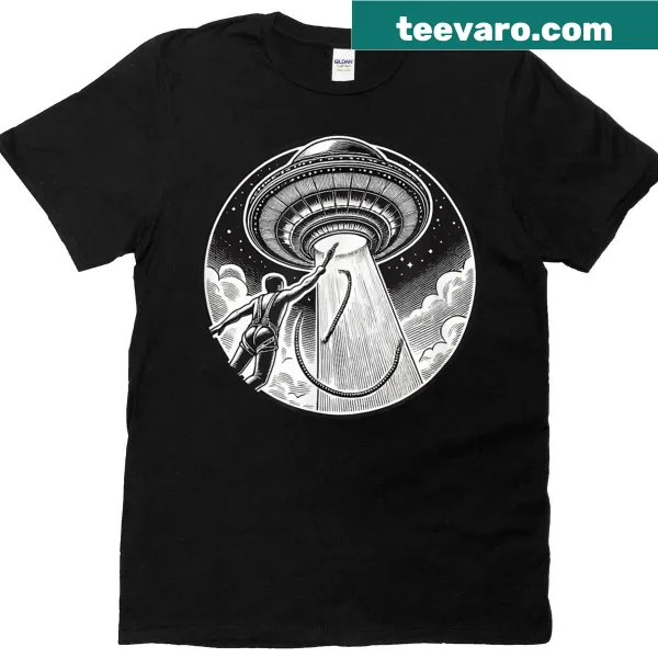 Cartoon graphic of a character bungee jumping into space on a t-shirt