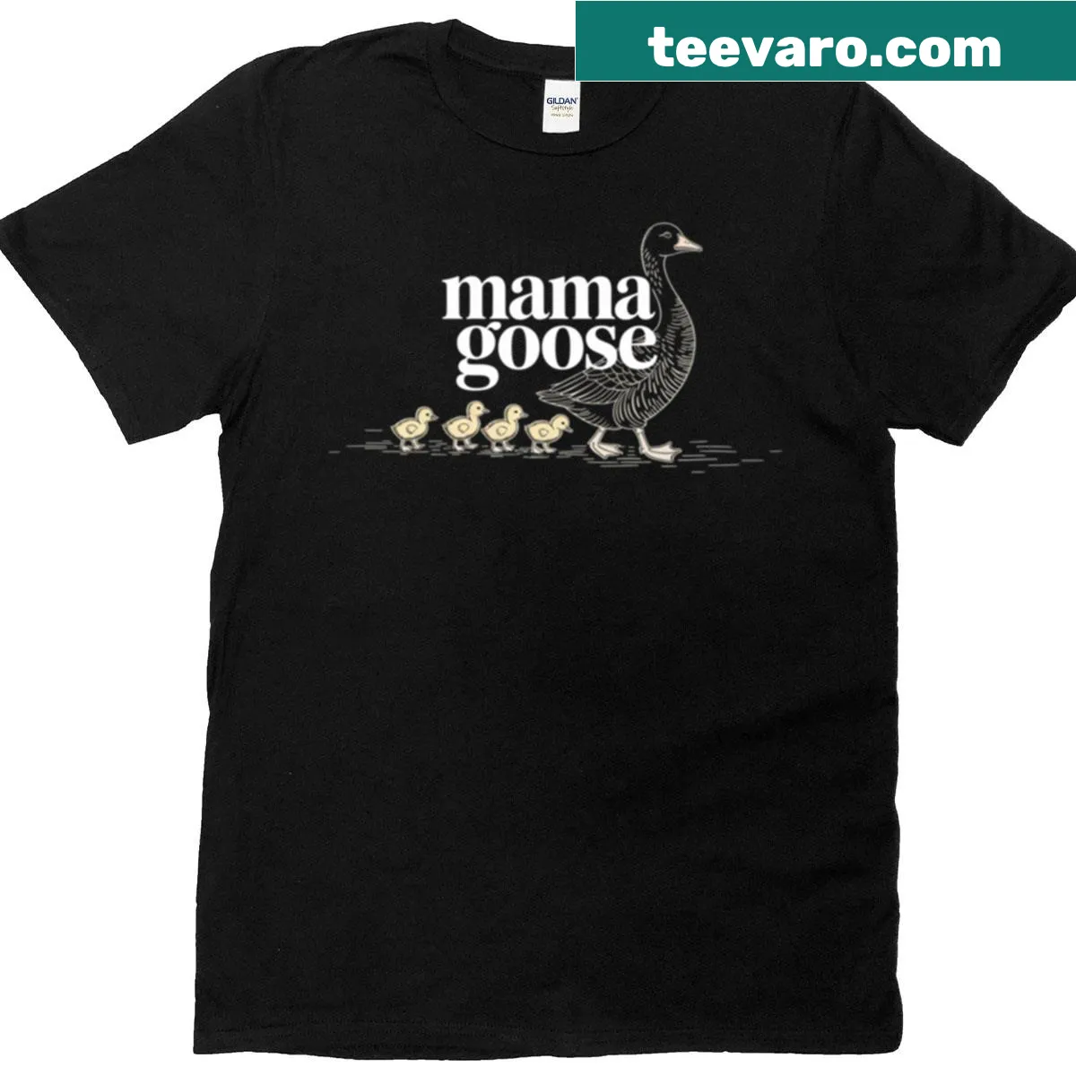 Cute Mama Goose t-shirt with protective goose and goslings illustration — on a men's t-shirt