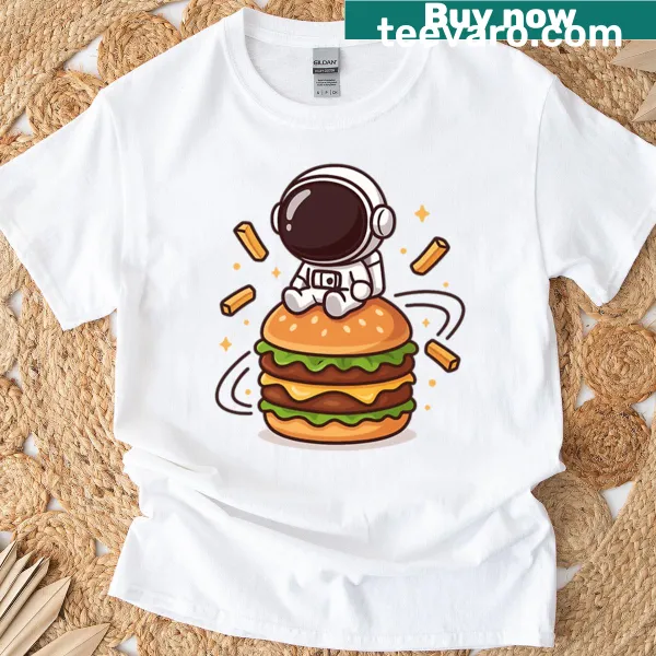 Funny illustration of an astronaut on a burger planet t-shirt
