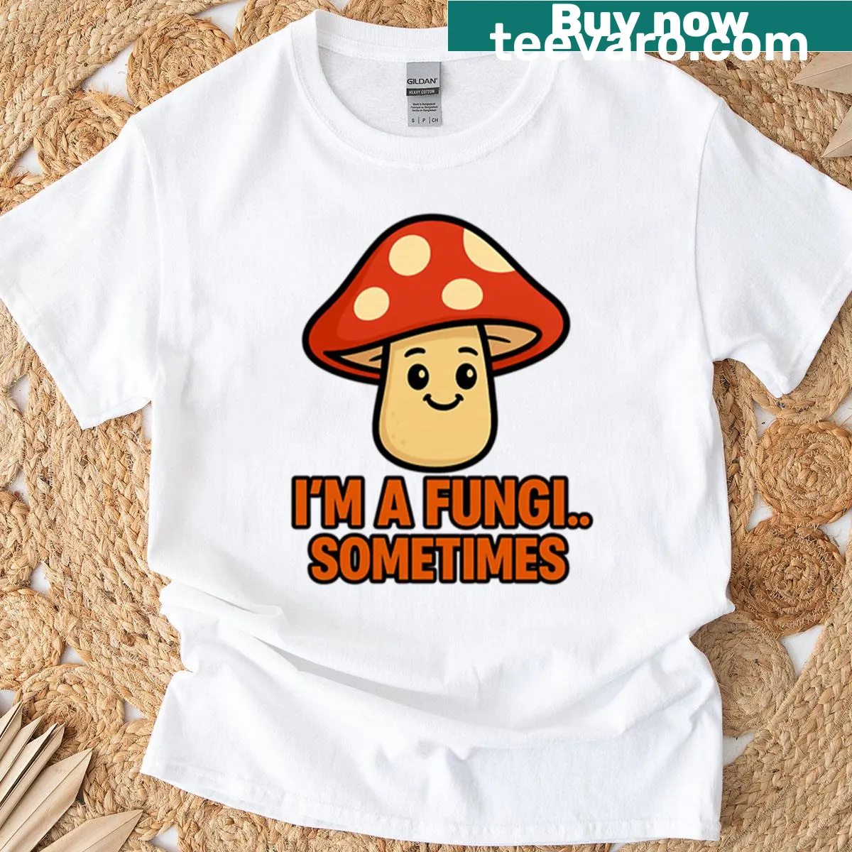 Whimsical mushroom illustration with text 'I'm a Fungi' on a T-shirt — on a men's t-shirt