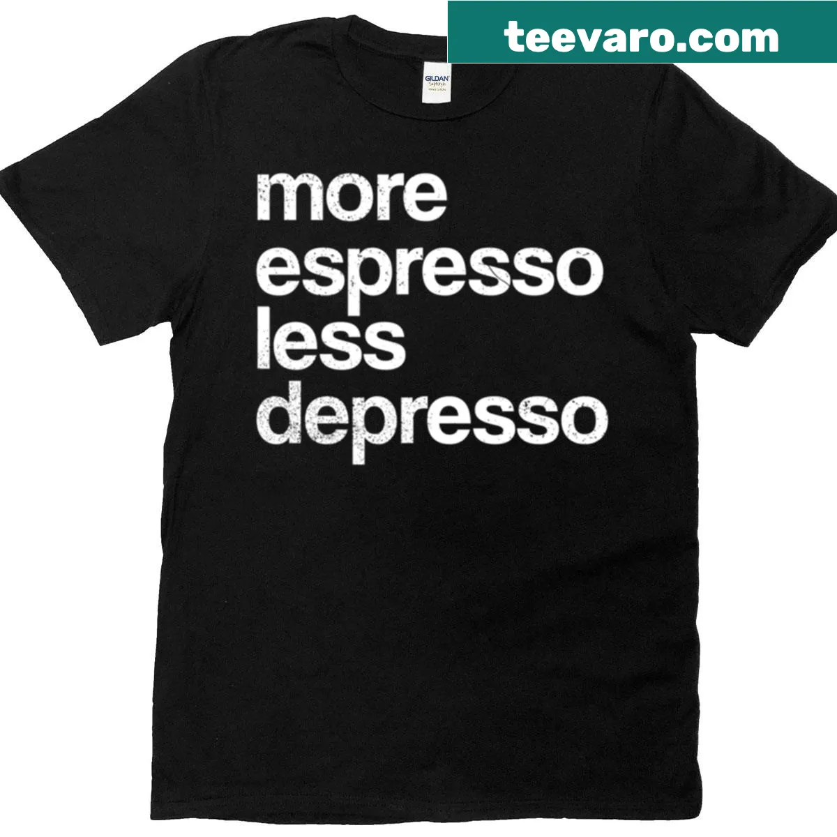 Playful oversized t-shirt with 'More Espresso Less Depresso' text — on a men's t-shirt