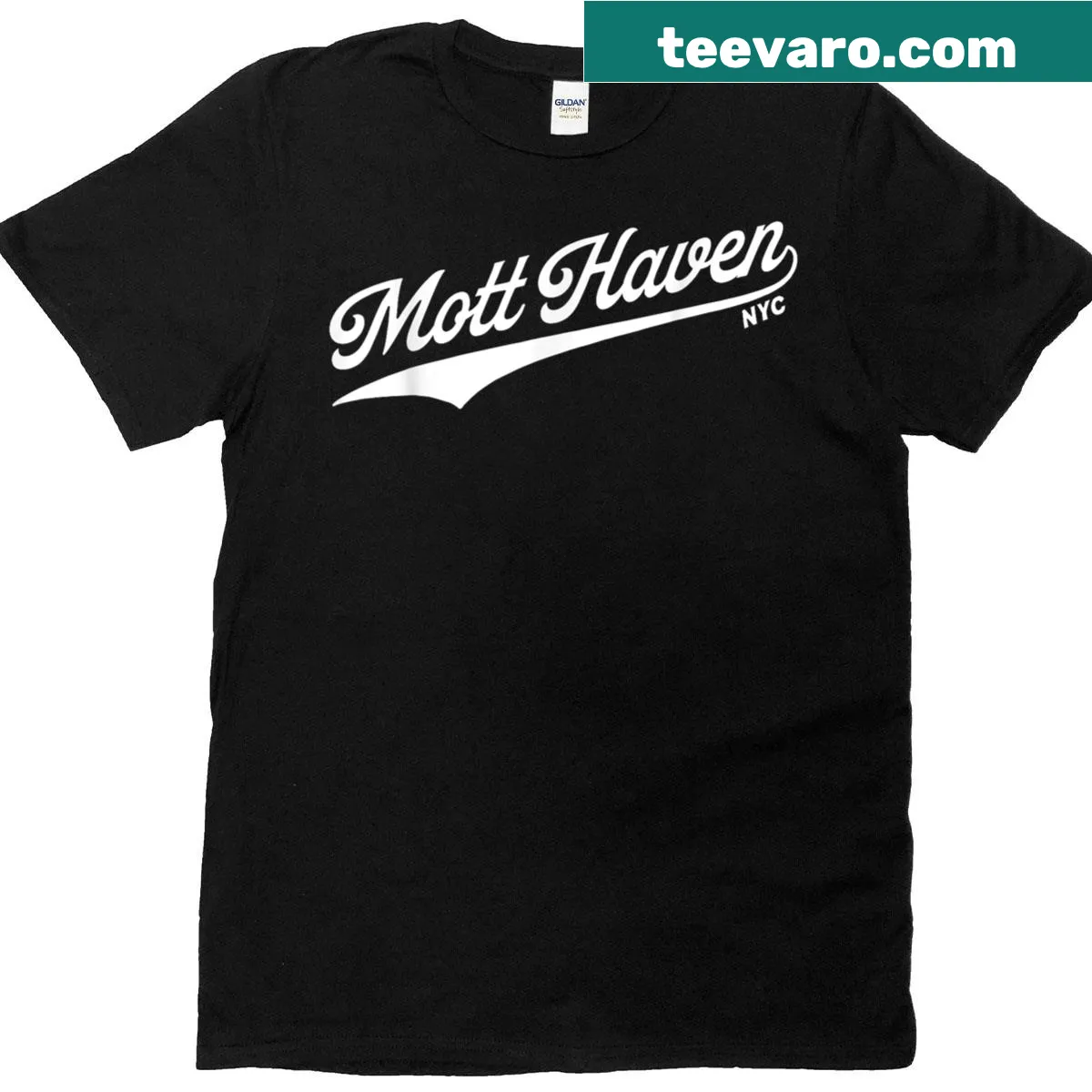 T-shirt with a badge-style graphic referencing Mott Haven, Bronx, NY. — on a men's t-shirt