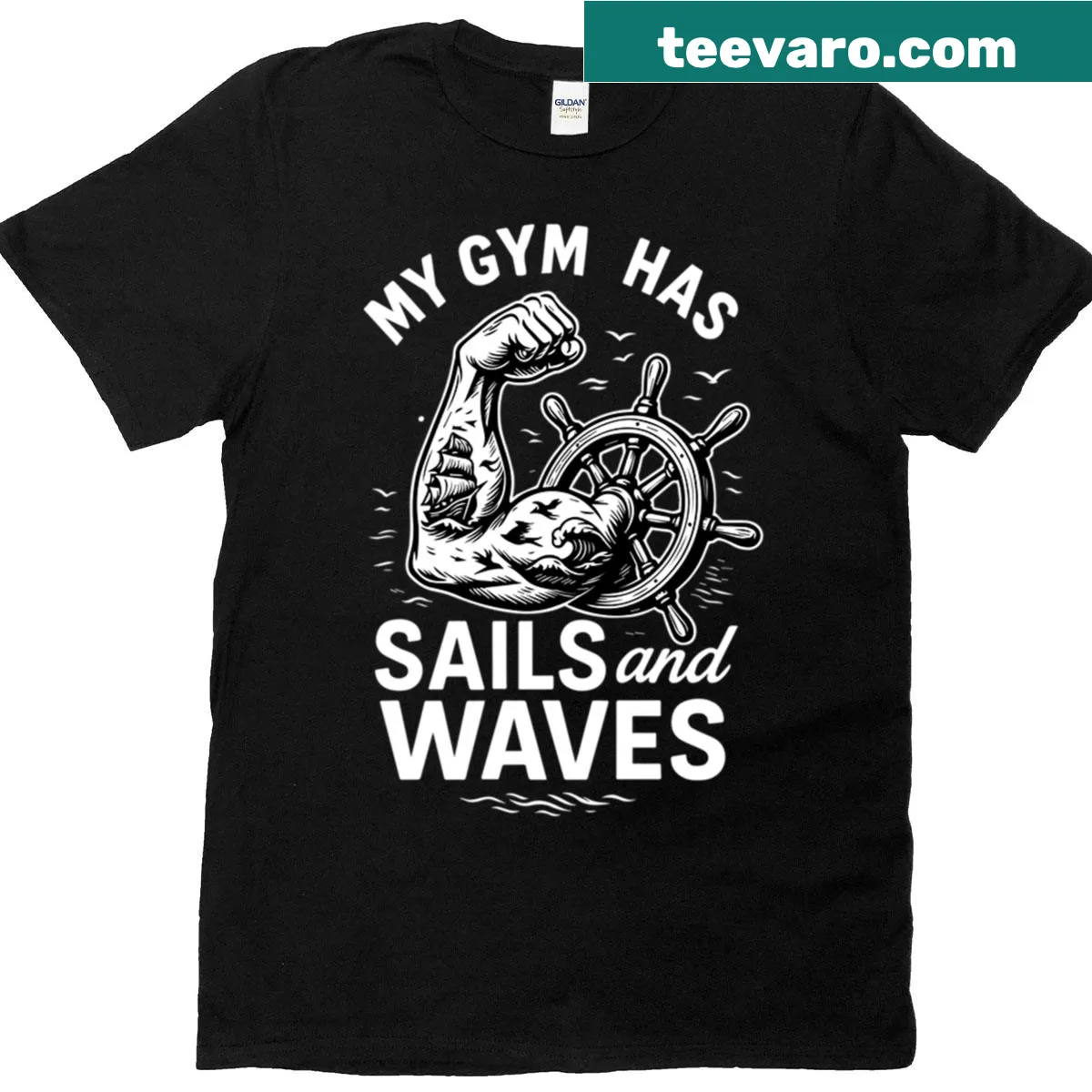 T-shirt features the phrase 'My Gym Has Sails And Waves' with nautical illustrations. — on a men's t-shirt