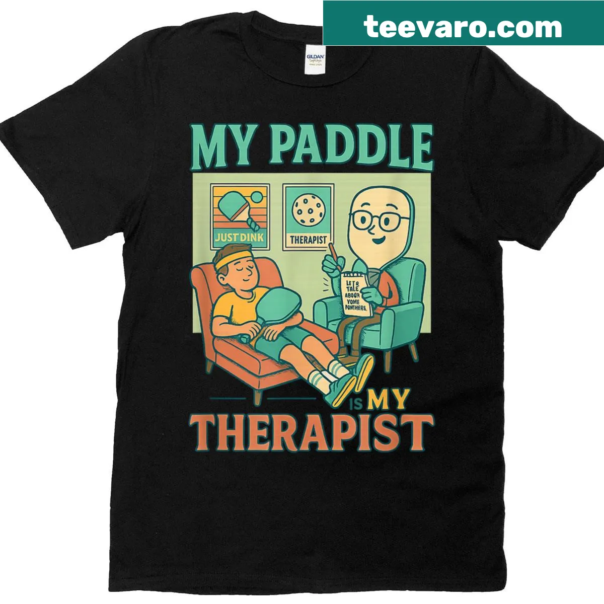 Funny pickleball t-shirt featuring a paddle as a therapist — on a men's t-shirt
