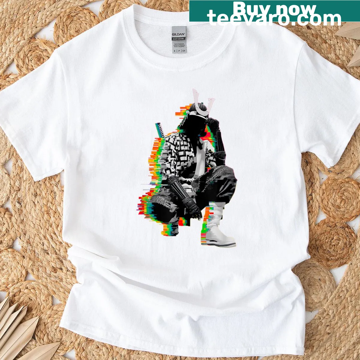Futuristic samurai design with glitch art elements on t-shirt — on a men's t-shirt