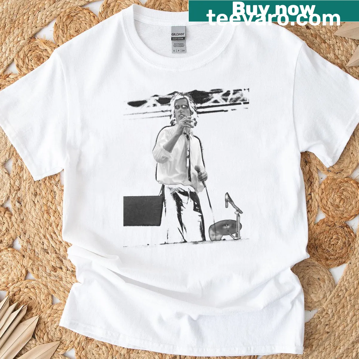 Graphic of Nick Cave from the 1990 Reading Festival T-shirt — on a men's t-shirt
