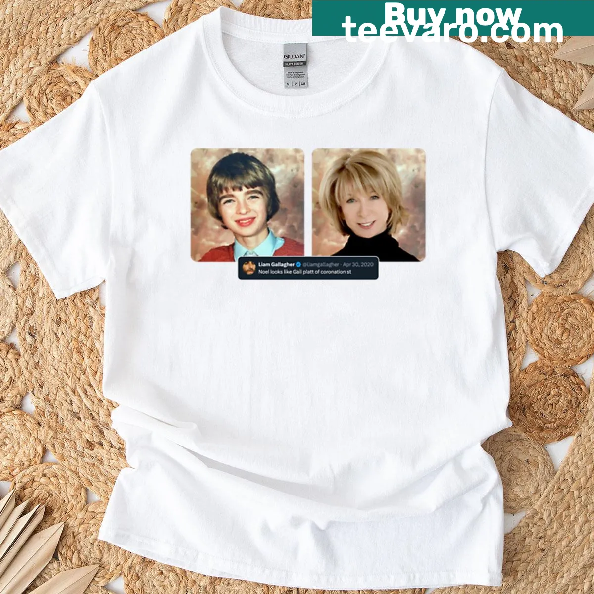 T-shirt with a mashup design featuring Noel Gallagher and Coronation Street — on a men's t-shirt