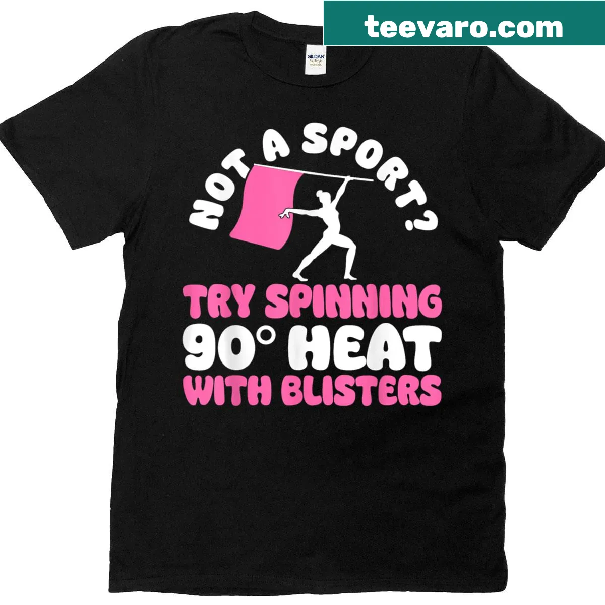 Playful T-shirt stating 'Not A Sport' related to color guard — on a men's t-shirt