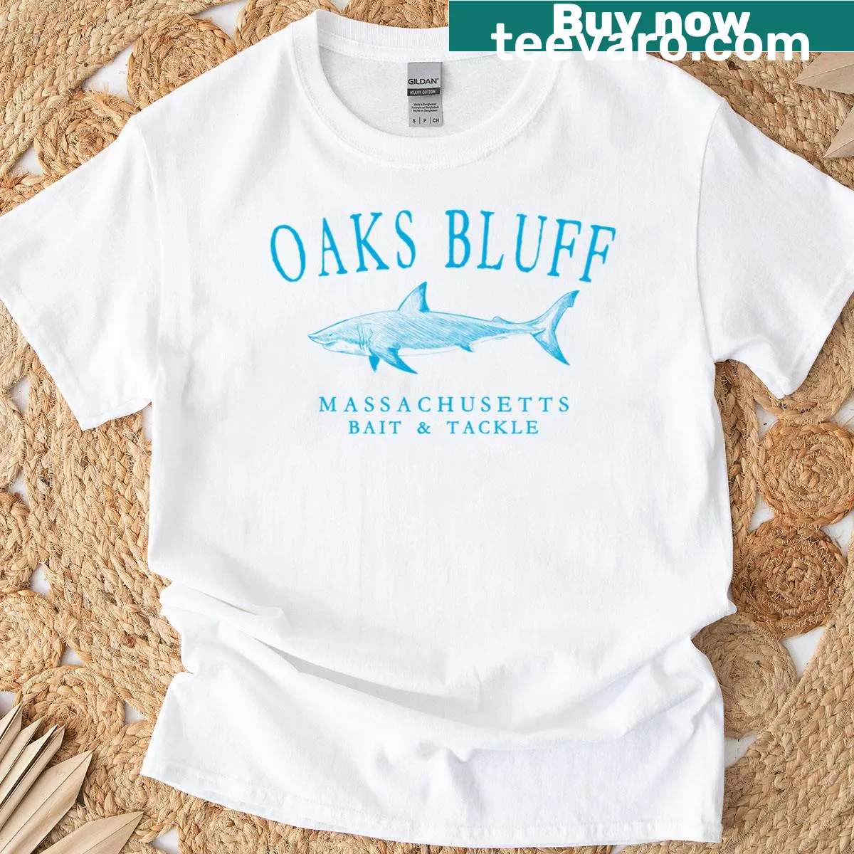 T-shirt with arched text 'Oaks Bluffs Massachusetts' for shark fishing — on a men's t-shirt