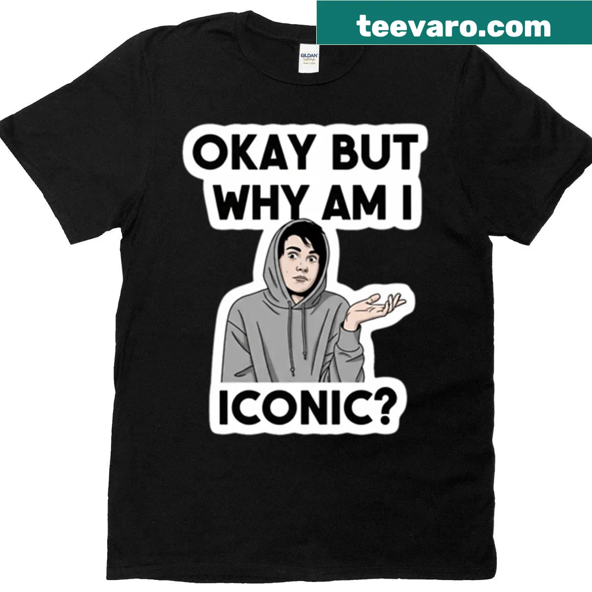T-shirt with shrugging guy graphic and humorous text — on a men's t-shirt
