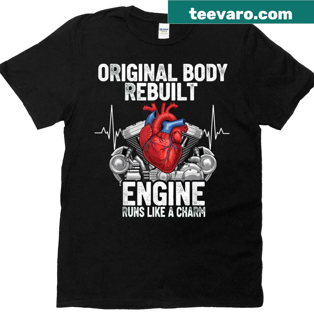 T-shirt featuring an open heart graphic with the phrase 'Runs Like A Charm' — on a men's t-shirt