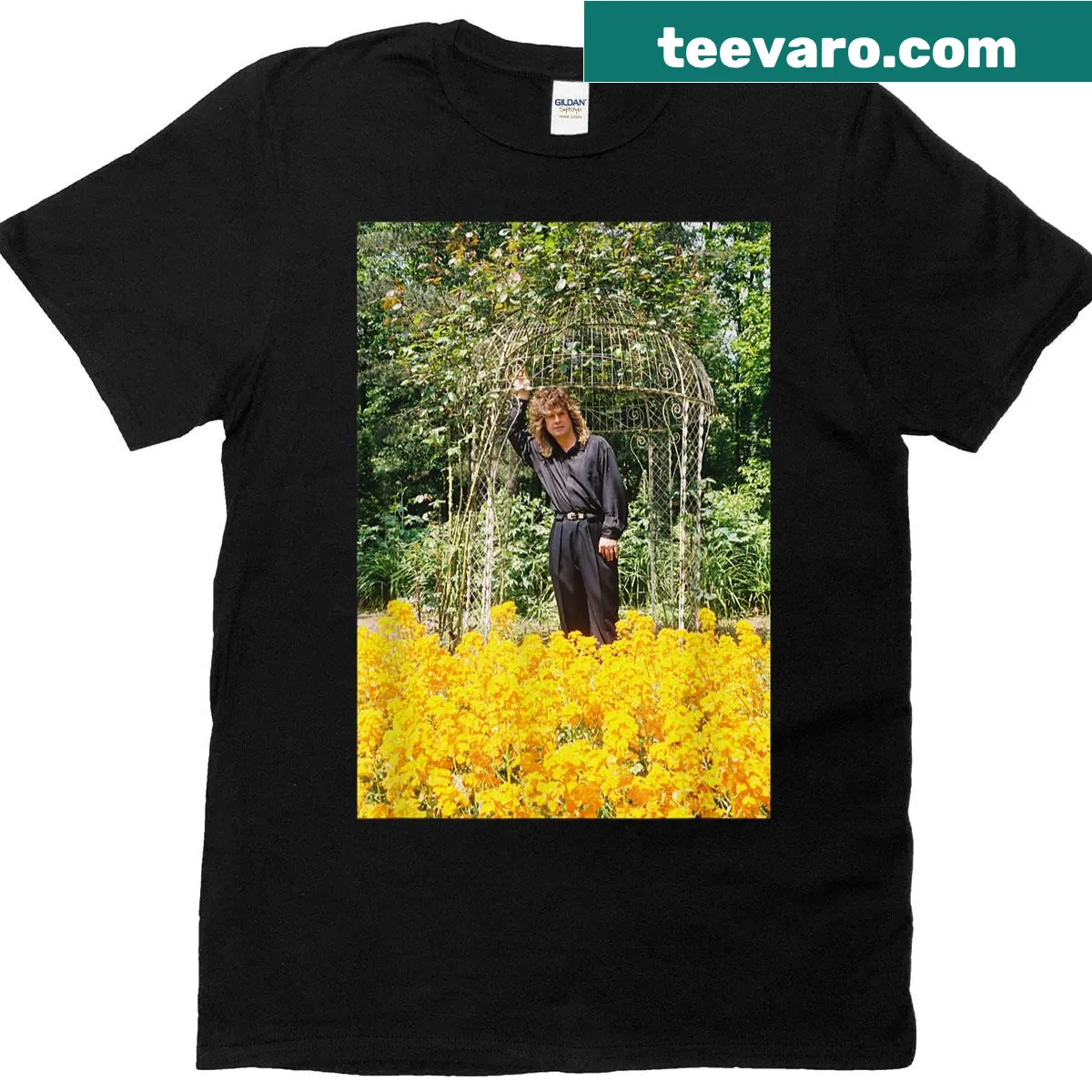 Graphic of Ozzy Osbourne among flowers on T-shirt — on a men's t-shirt