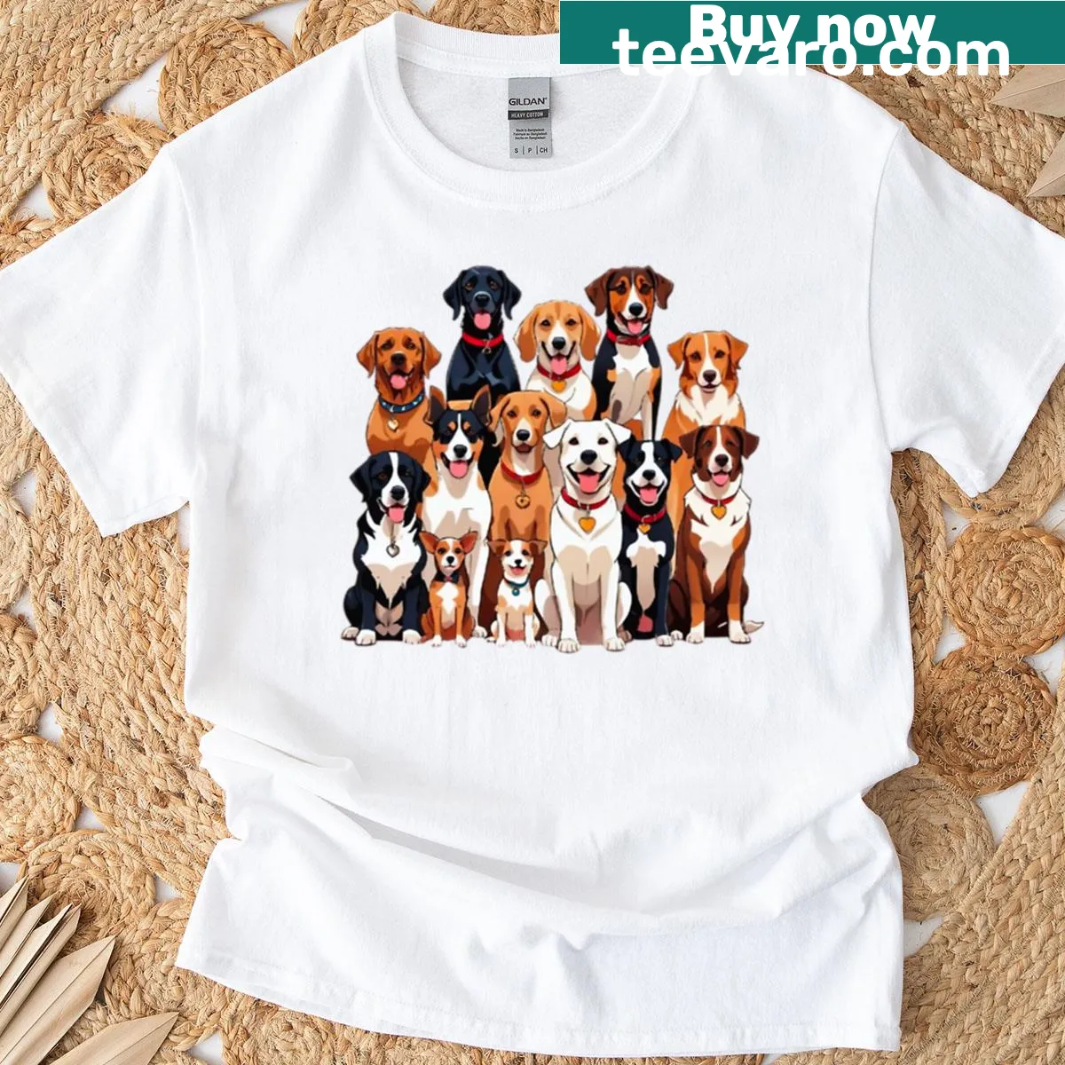 T-shirt featuring a playful graphic of a pack of dogs — on a men's t-shirt
