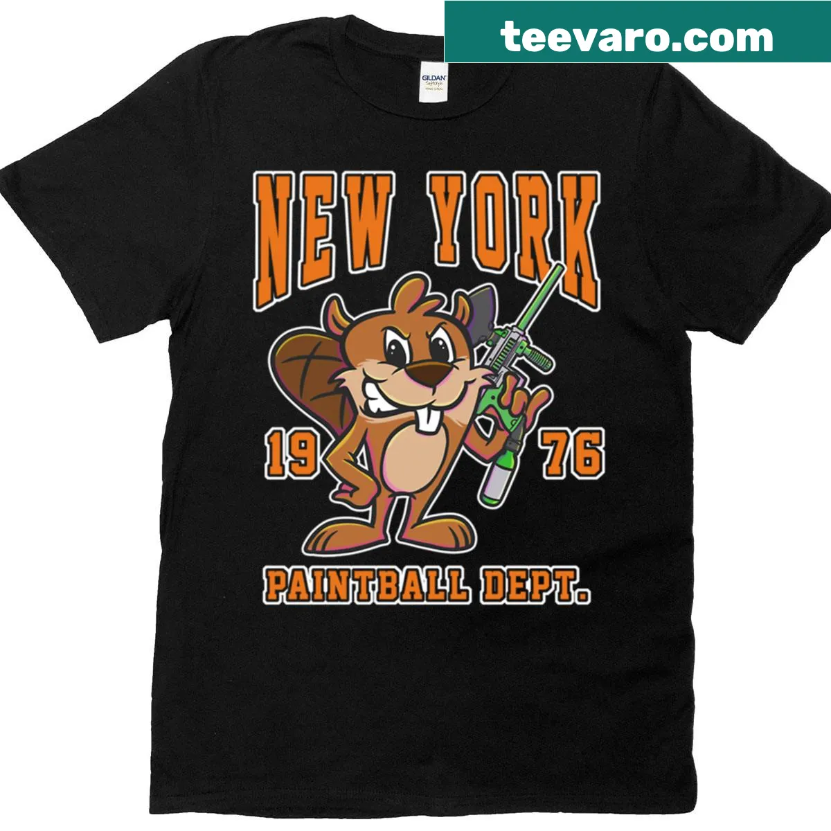 Playful cartoon Ny Beaver mascot paintball t-shirt — on a men's t-shirt