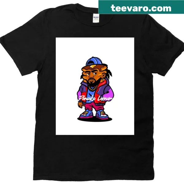 Graphic T-shirt featuring a humorous cartoon of 'Pancake Lamar'