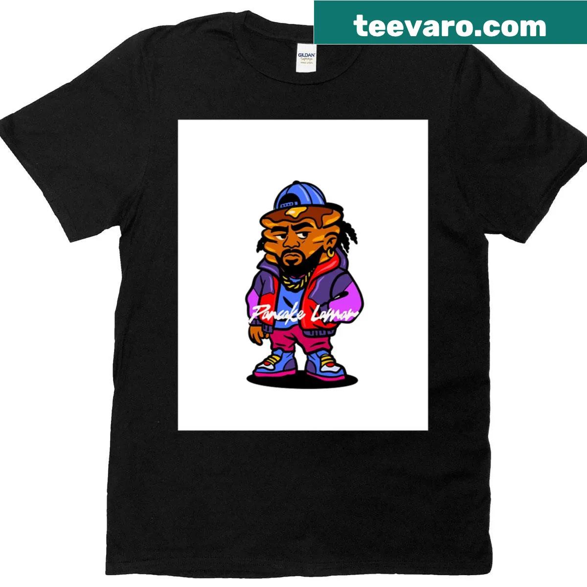 Graphic T-shirt featuring a humorous cartoon of 'Pancake Lamar' — on a men's t-shirt