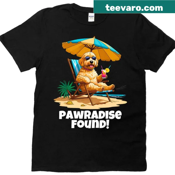 Cute beach cartoon featuring Goldendoodle on t-shirt