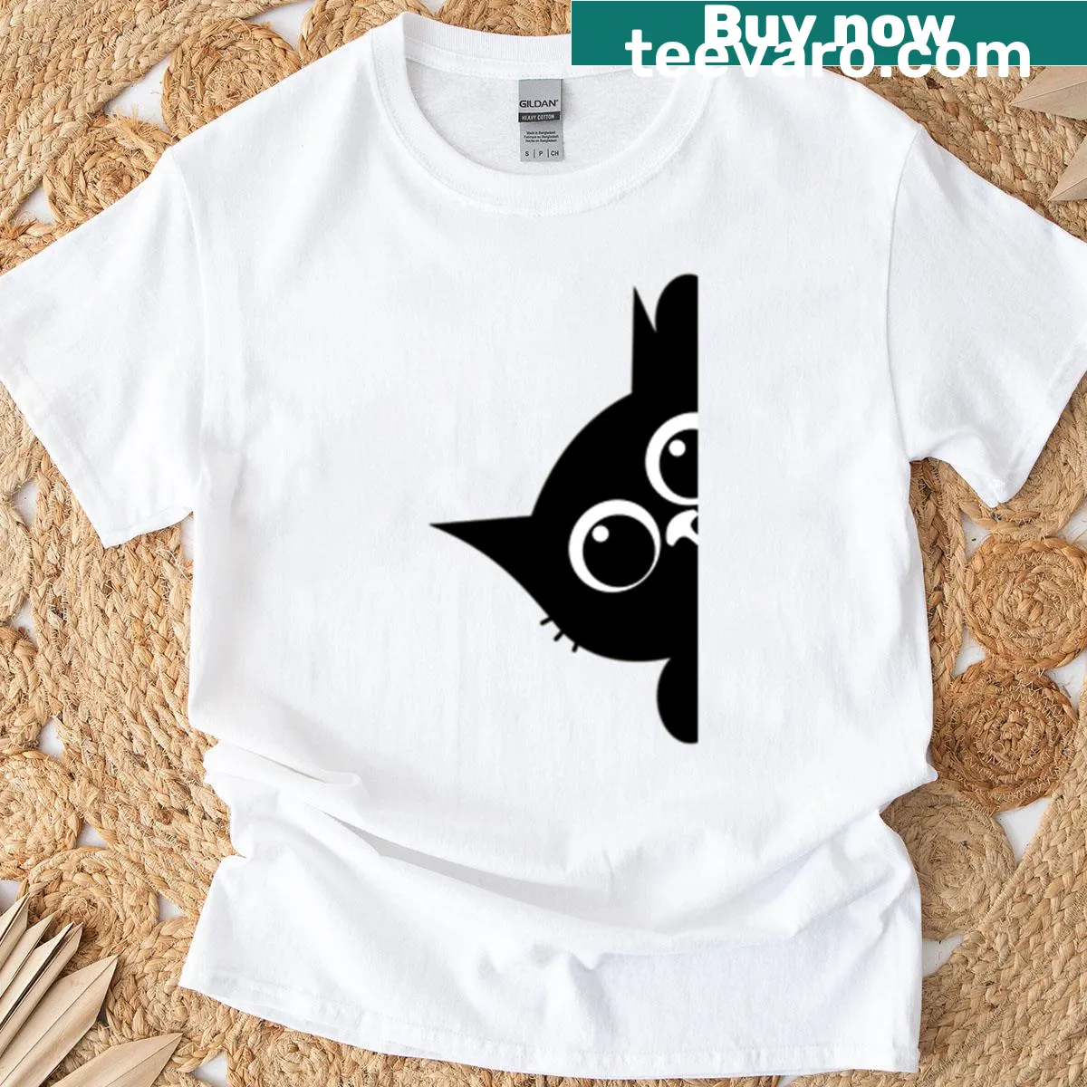Cute black cat peeking design on a yellow T-shirt — on a men's t-shirt